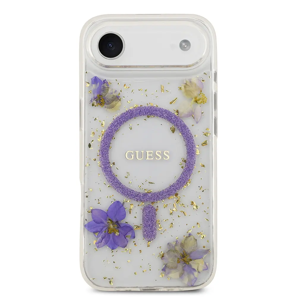 Apple iPhone 17 Air Kılıf Guess Orjinal Lisanslı M-safe Şarj Özellikli Transparan Resin Flowers Kapak