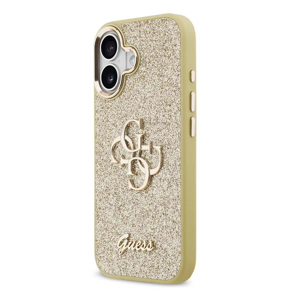 iPhone 17 Glitter Kapak, Büyük Metal Kamera Çerçeveli - Guess 4G Logolu