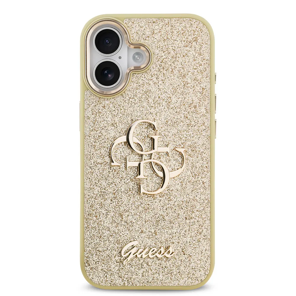 iPhone 17 Glitter Kapak, Büyük Metal Kamera Çerçeveli - Guess 4G Logolu