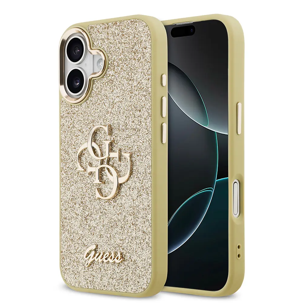 iPhone 17 Glitter Kapak, Büyük Metal Kamera Çerçeveli - Guess 4G Logolu