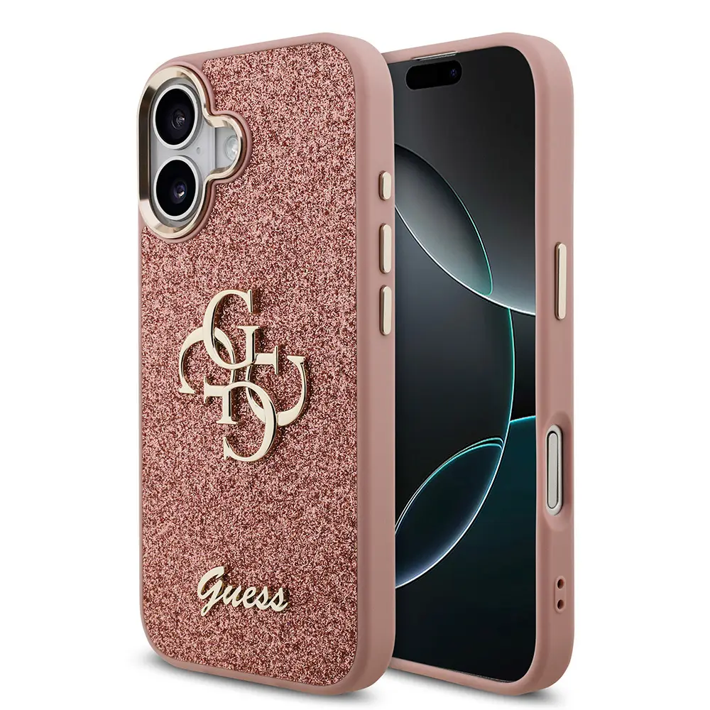 iPhone 17 Glitter Kapak, Büyük Metal Kamera Çerçeveli - Guess 4G Logolu