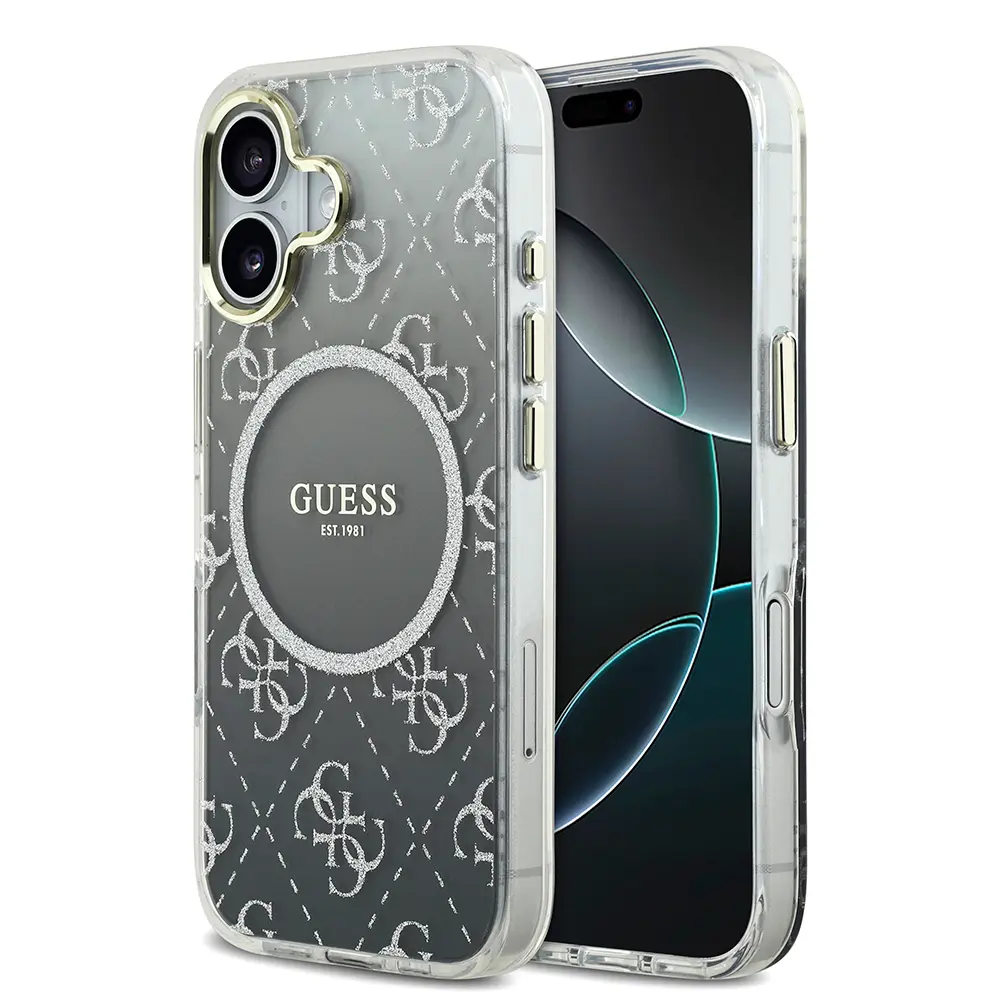 iPhone 17 MagSafe Uyumlu Simli Silikon Kılıf - Guess 4G Desenli