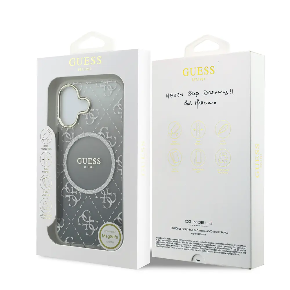 iPhone 17 MagSafe Uyumlu Simli Silikon Kılıf - Guess 4G Desenli