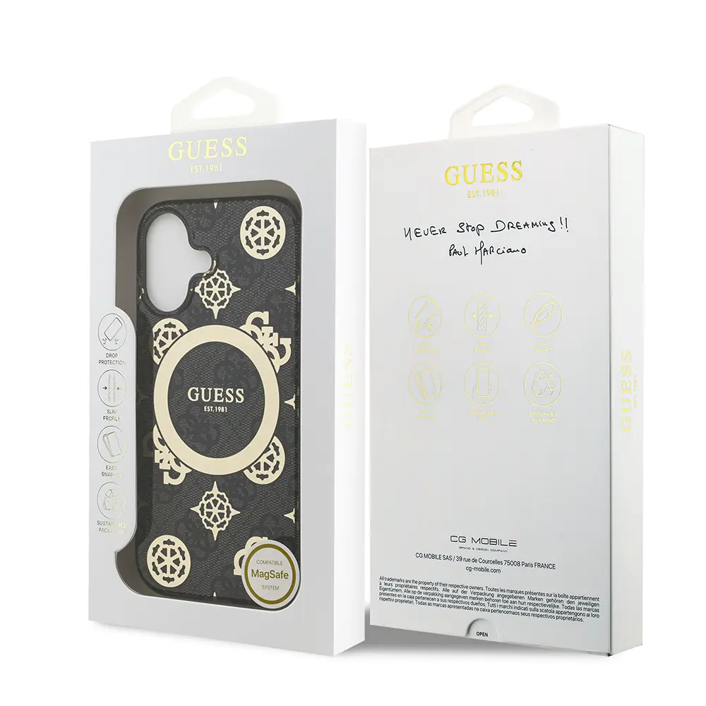 Apple iPhone 17 Kılıf Guess Orjinal Lisanslı M-safe Şarj Özellikli IML Peony ve 4G Desenli Klasik Logolu Kapak