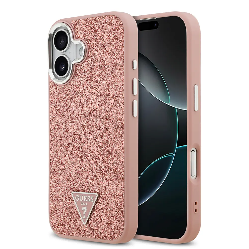 iPhone 17 MagSafe Uyumlu Metal Kamera Çerçeveli Glitter Kılıf - Guess Üçgen Logo