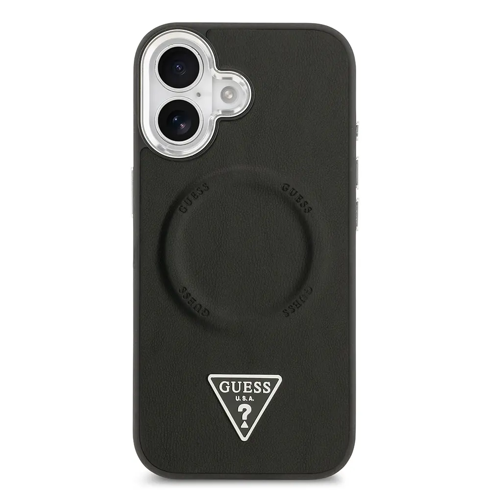 Apple iPhone 17 Kılıf Guess Orjinal Lisanslı M-safe Şarj Özellikli PU Deri Metal Kamera Çerçeveli Üçgen Logolu Kapak