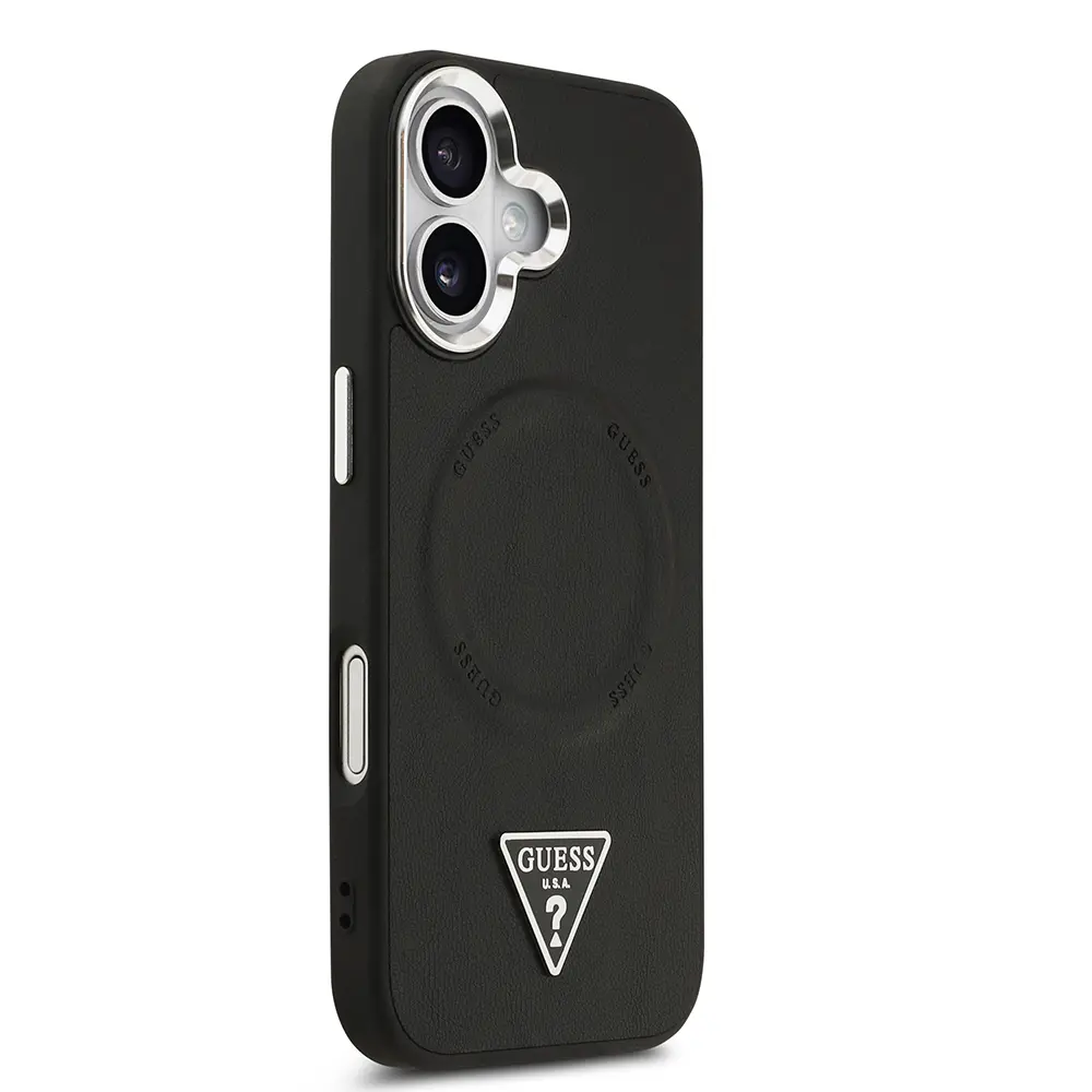 Apple iPhone 17 Kılıf Guess Orjinal Lisanslı M-safe Şarj Özellikli PU Deri Metal Kamera Çerçeveli Üçgen Logolu Kapak