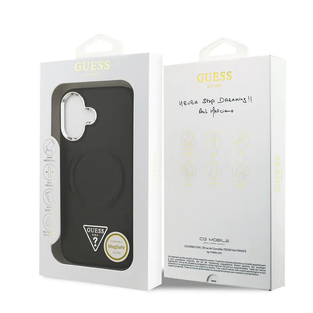 Apple iPhone 17 Kılıf Guess Orjinal Lisanslı M-safe Şarj Özellikli PU Deri Metal Kamera Çerçeveli Üçgen Logolu Kapak