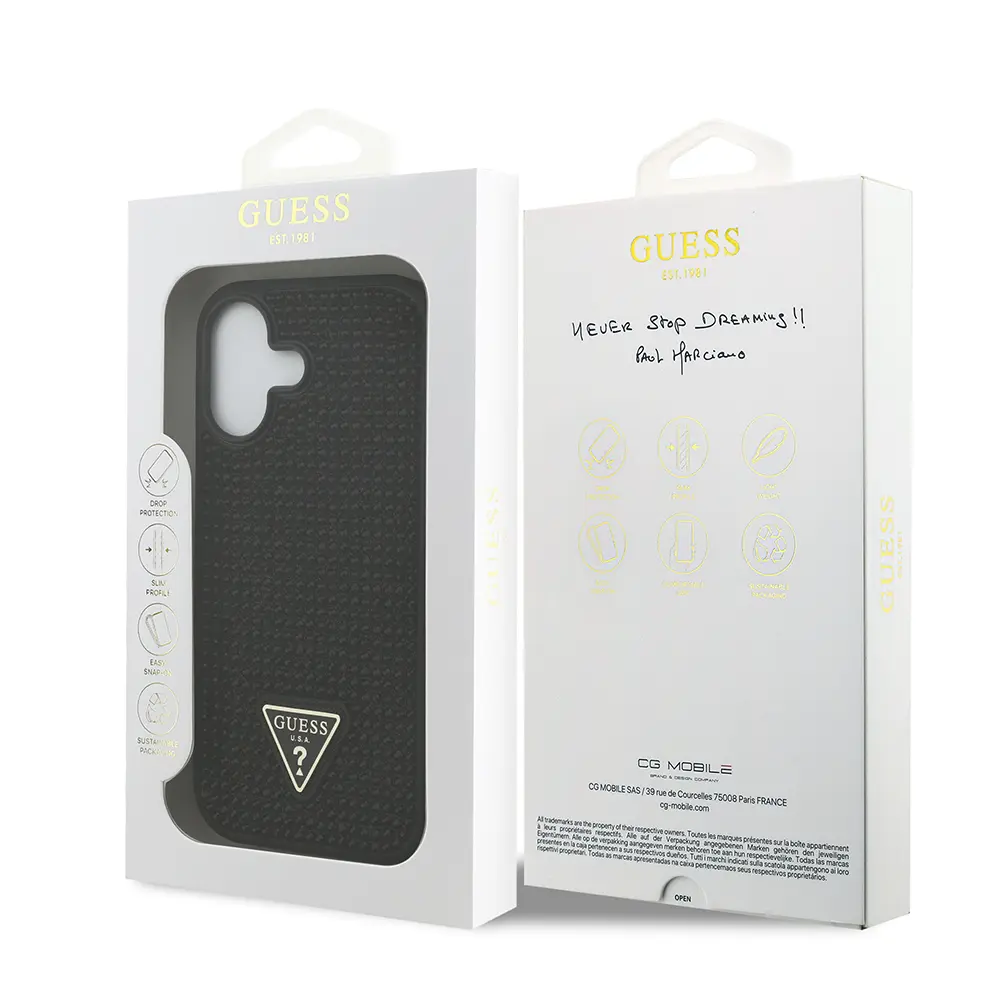 iPhone 17 Taşlı Arka Yüzey Üçgen Logolu Kılıf - Guess Lisanslı