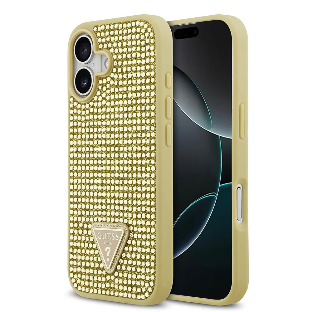 iPhone 17 Taşlı Arka Yüzey Üçgen Logolu Kılıf - Guess Lisanslı