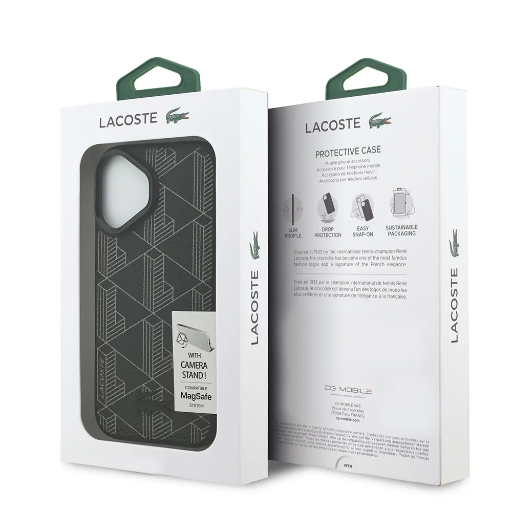 Apple iPhone 17 Kılıf Lacoste Orjinal Lisanslı M-safe Şarj Özellikli Standlı PU Deri Karışık Monogram Desenli Kapak