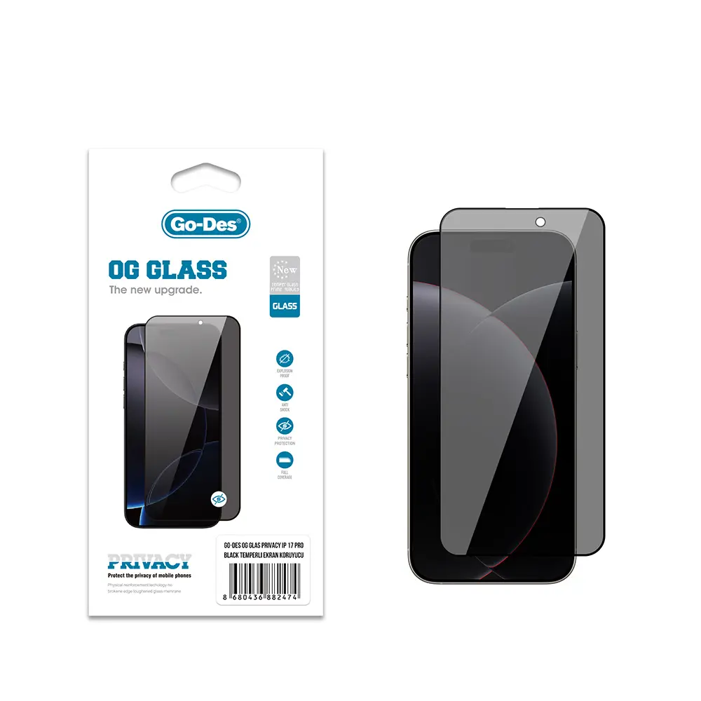 Apple iPhone 17 Pro Go Des OG Glass Privacy Antistatik Temperli Cam Ekran Koruyucu