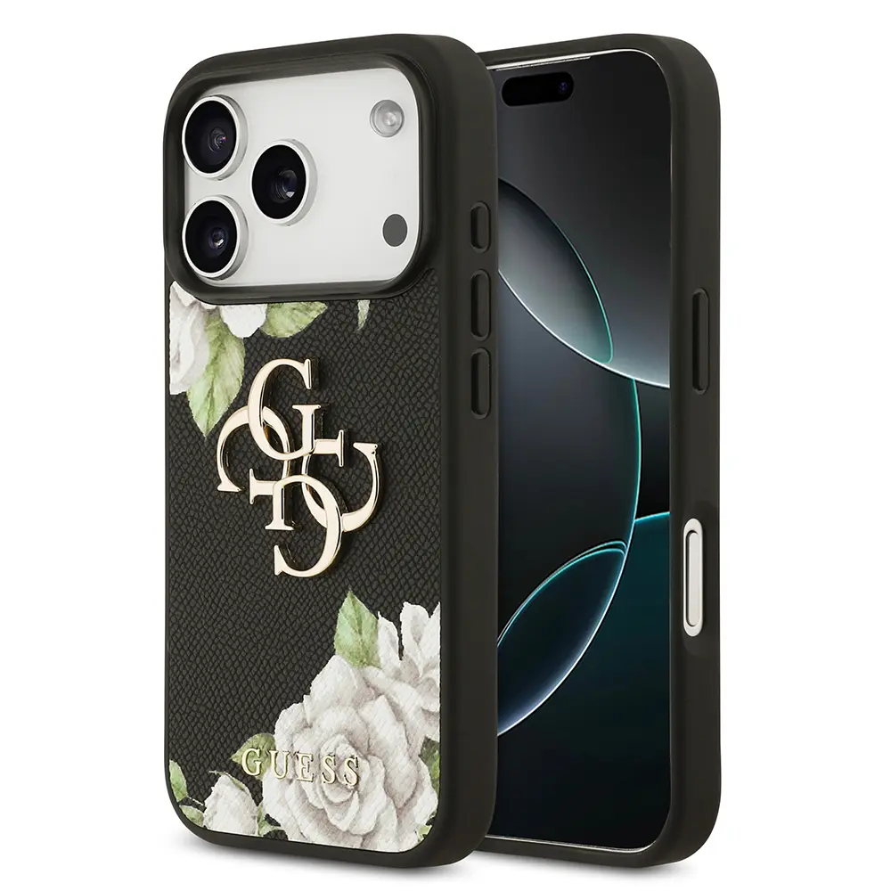 iPhone 17 Pro Gül Baskılı Metal Logolu Kılıf - Guess Lisanslı