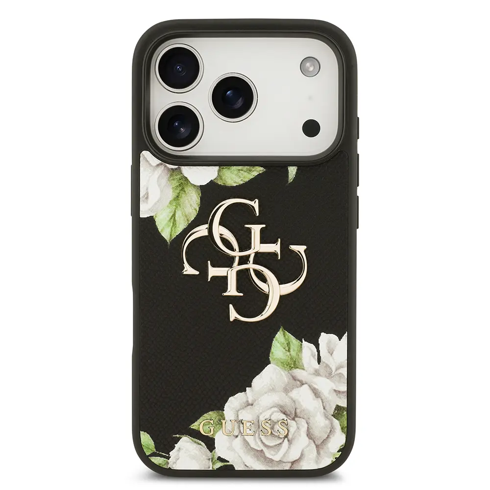 iPhone 17 Pro Gül Baskılı Metal Logolu Kılıf - Guess Lisanslı