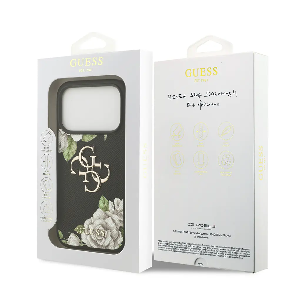 iPhone 17 Pro Gül Baskılı Metal Logolu Kılıf - Guess Lisanslı