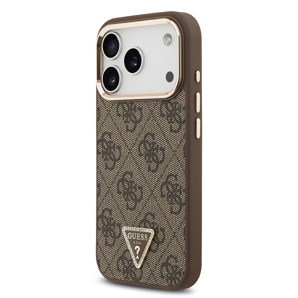 Apple iPhone 17 Pro Kılıf Guess Orjinal Lisanslı M-safe Şarj Özellikli Gold Metal Kamera Çerçeveli Taşlı Üçgen Logo 4G Desenli Kapak