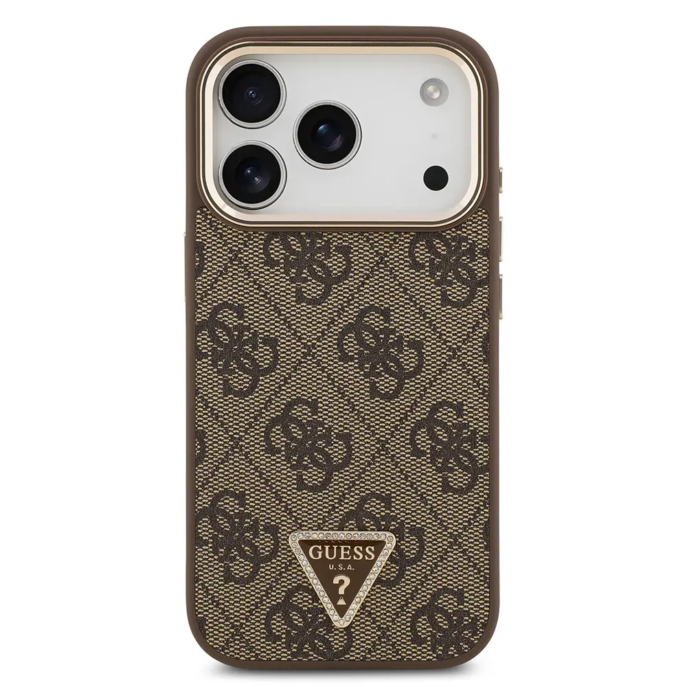 Apple iPhone 17 Pro Kılıf Guess Orjinal Lisanslı M-safe Şarj Özellikli Gold Metal Kamera Çerçeveli Taşlı Üçgen Logo 4G Desenli Kapak
