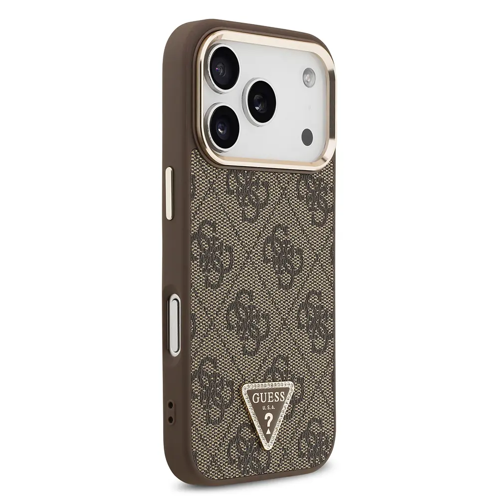 Apple iPhone 17 Pro Kılıf Guess Orjinal Lisanslı M-safe Şarj Özellikli Gold Metal Kamera Çerçeveli Taşlı Üçgen Logo 4G Desenli Kapak