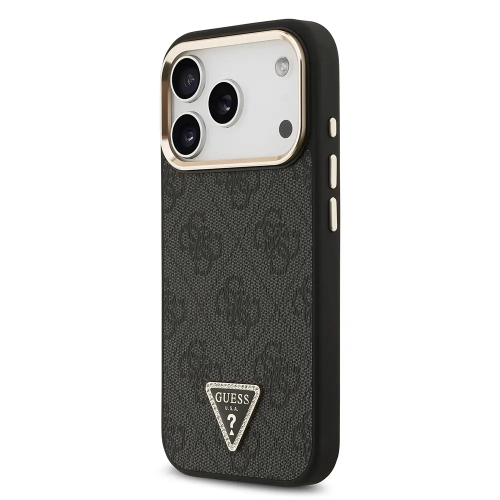 Apple iPhone 17 Pro Kılıf Guess Orjinal Lisanslı M-safe Şarj Özellikli Gold Metal Kamera Çerçeveli Taşlı Üçgen Logo 4G Desenli Kapak