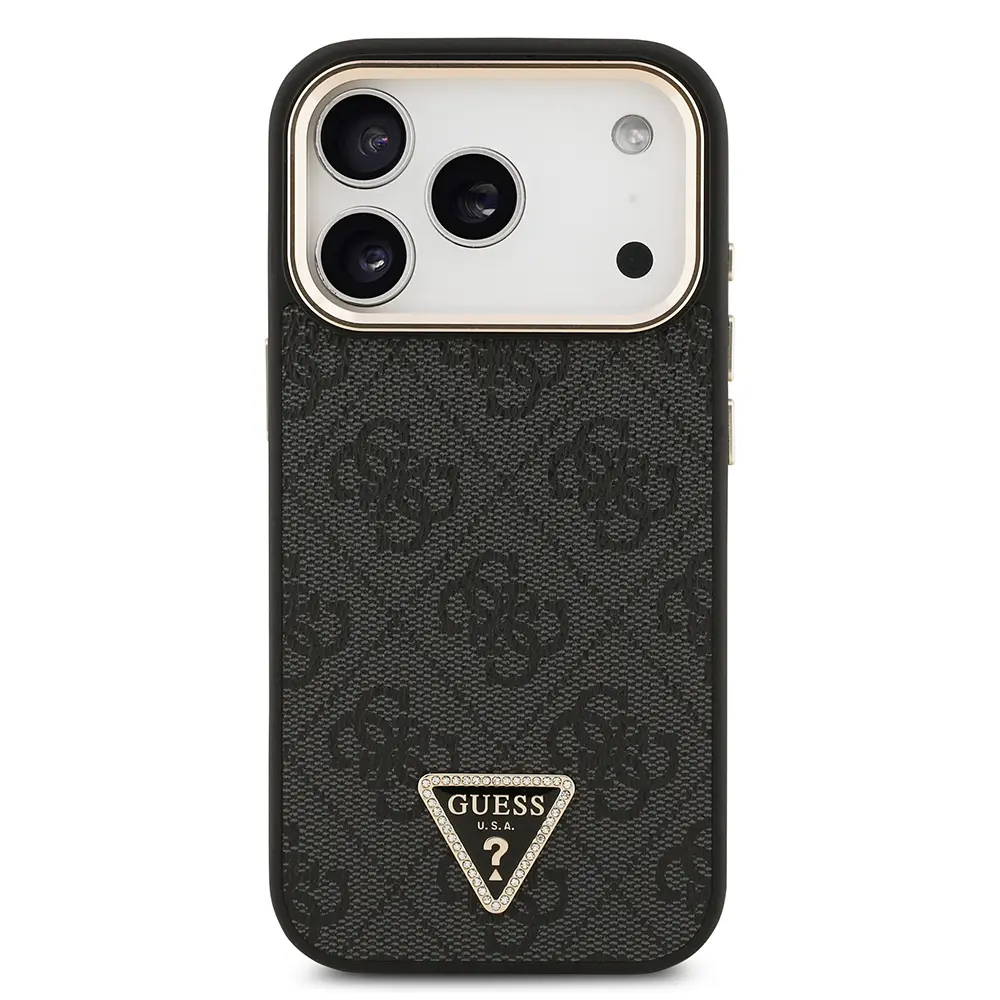 Apple iPhone 17 Pro Kılıf Guess Orjinal Lisanslı M-safe Şarj Özellikli Gold Metal Kamera Çerçeveli Taşlı Üçgen Logo 4G Desenli Kapak