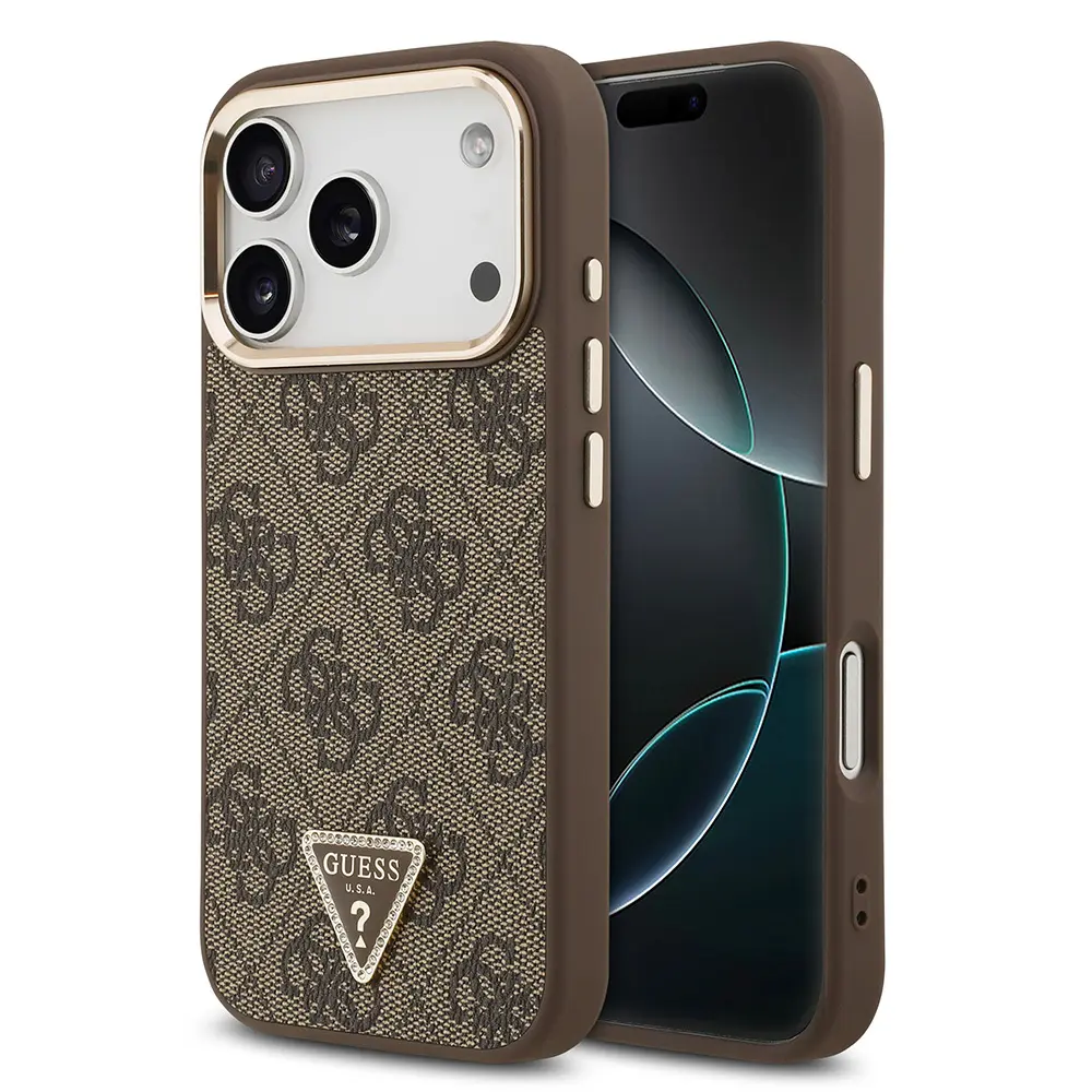 Apple iPhone 17 Pro Kılıf Guess Orjinal Lisanslı M-safe Şarj Özellikli Gold Metal Kamera Çerçeveli Taşlı Üçgen Logo 4G Desenli Kapak