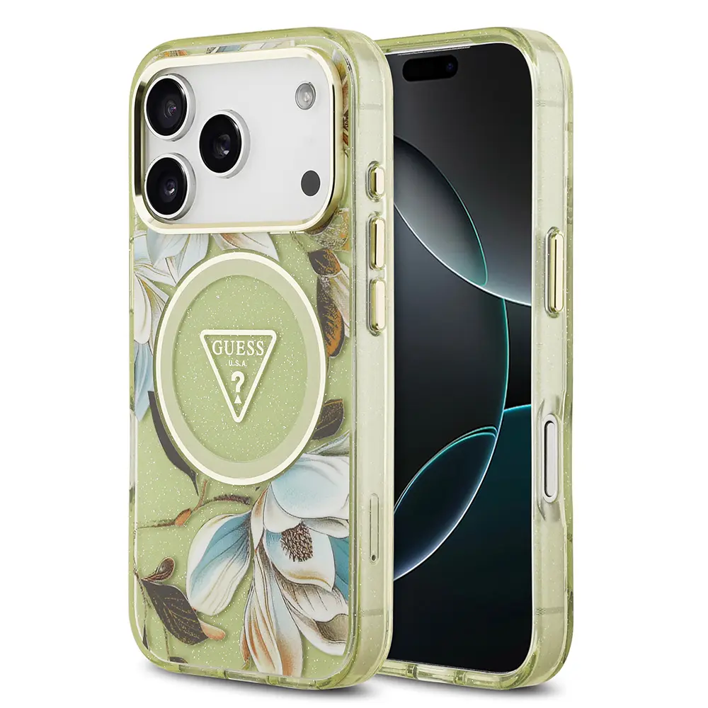 iPhone 17 Pro MagSafe Uyumlu Simli Çiçek Desenli Kılıf - Guess