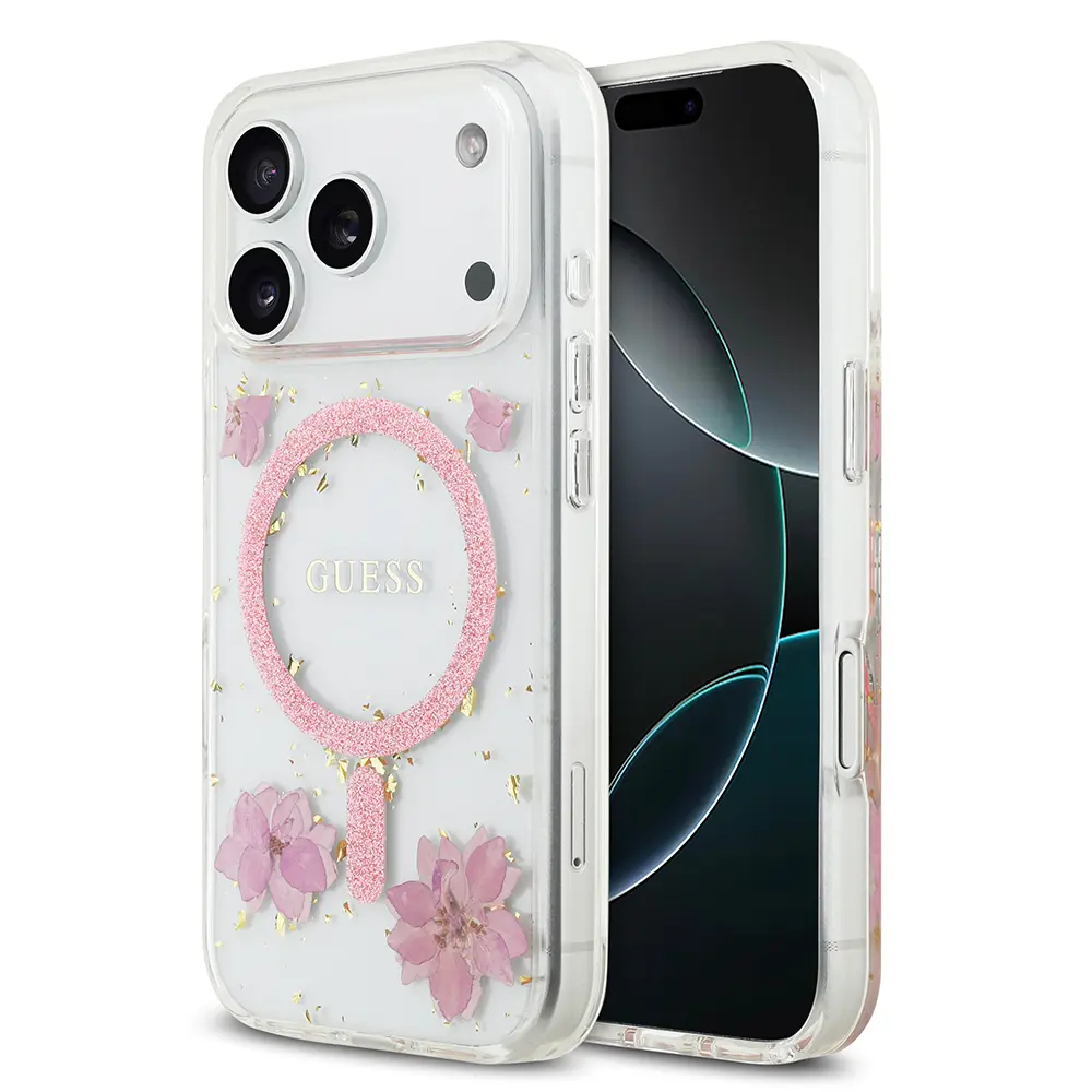 iPhone 17 Pro MagSafe Uyumlu Şeffaf Kılıf - Guess Resin Flowers