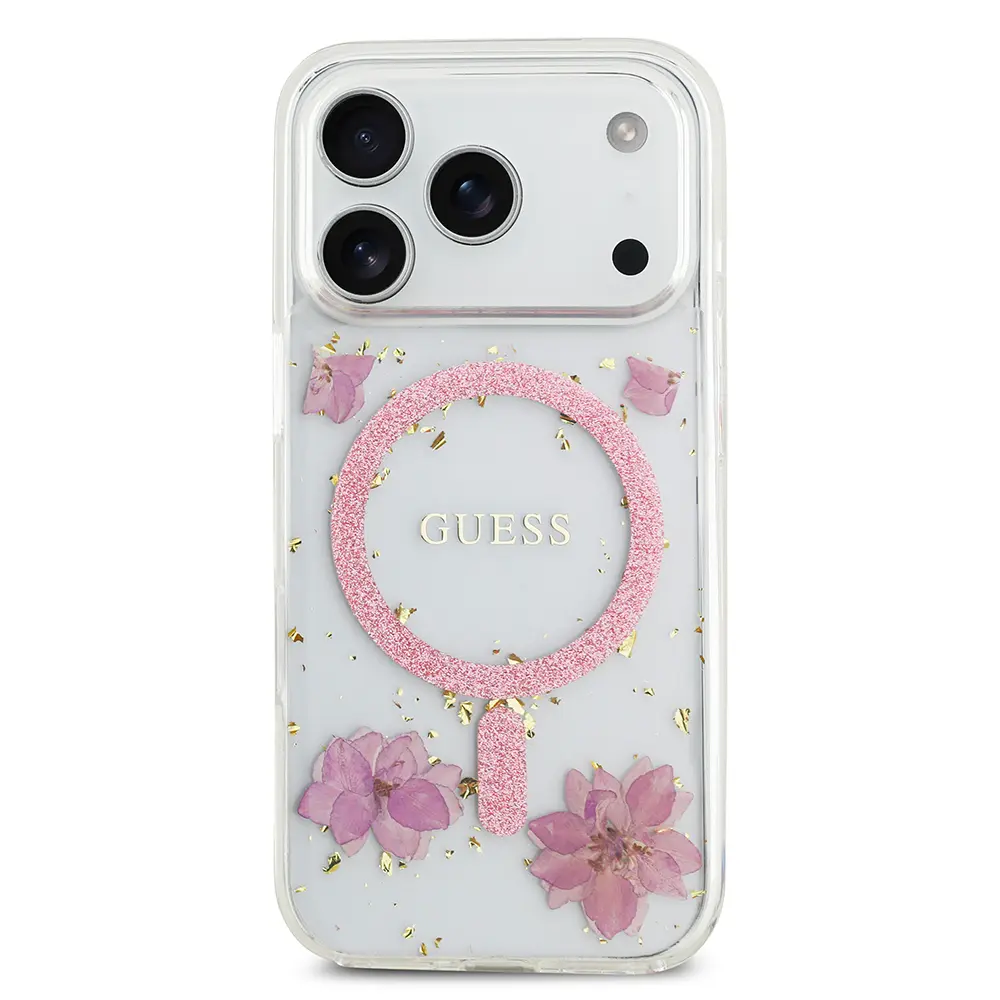 iPhone 17 Pro MagSafe Uyumlu Şeffaf Kılıf - Guess Resin Flowers