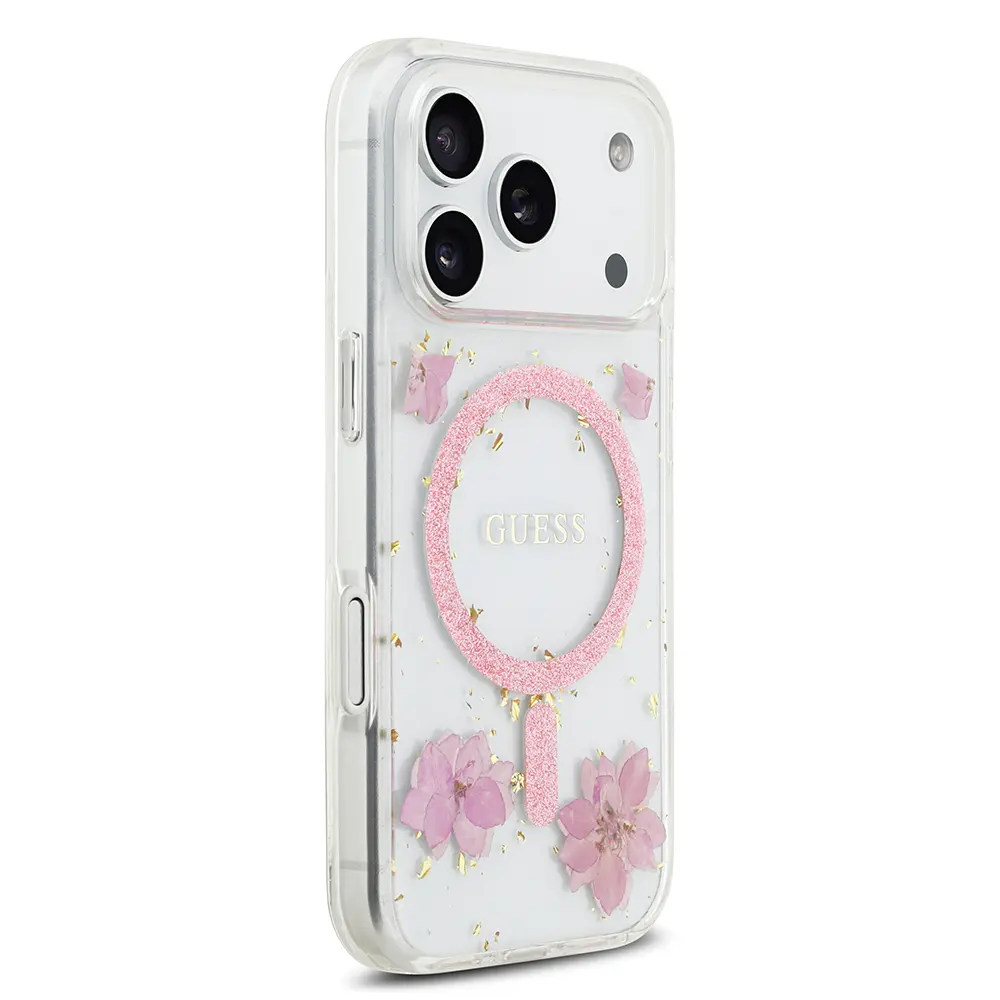 iPhone 17 Pro MagSafe Uyumlu Şeffaf Kılıf - Guess Resin Flowers