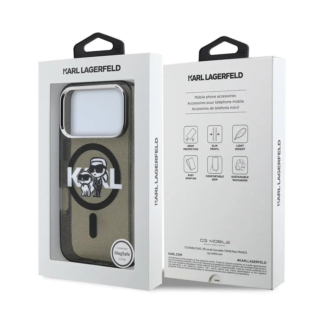 iPhone 17 Pro Kılıf, Parlayan Simli Karl & Choupette Logo - Karl Lagerfeld