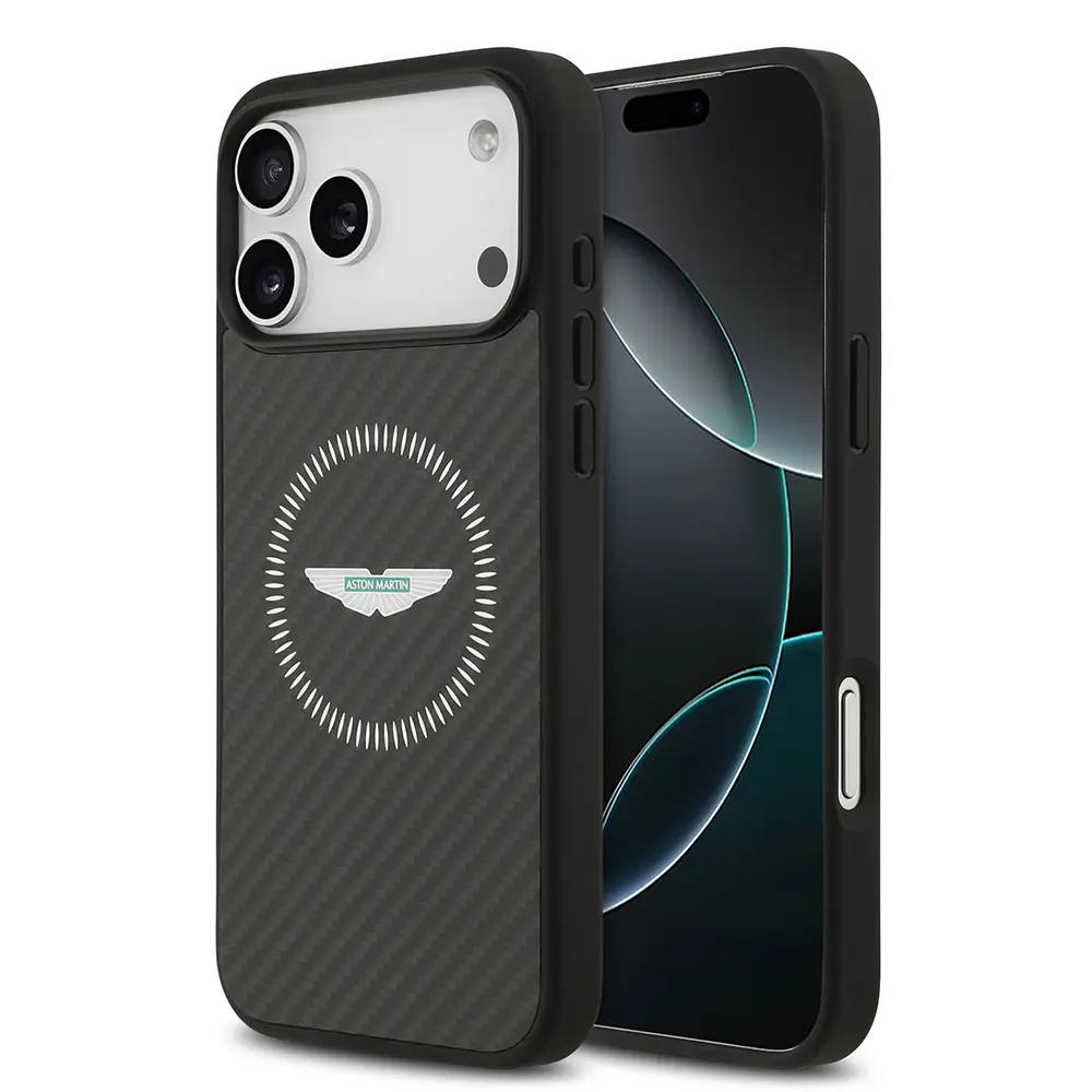 Apple iPhone 17 Pro Max Kılıf Aston Martin Orjinal Lisanslı M-safe Şarj Özellikli Karbon Fiber Kapak