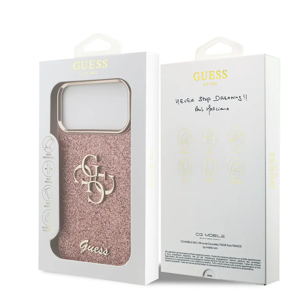 iPhone 17 Pro Max Lisanslı Glitter Kılıf - Guess 4G Metal Kamera Çerçeveli