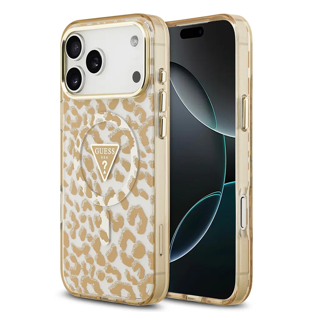 iPhone 17 Pro Max MagSafe Uyumlu Simli Leopar Desenli Kılıf - Guess