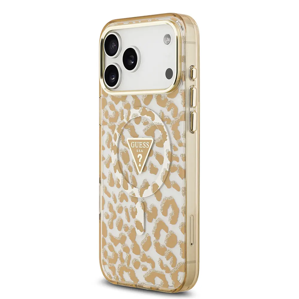 iPhone 17 Pro Max MagSafe Uyumlu Simli Leopar Desenli Kılıf - Guess