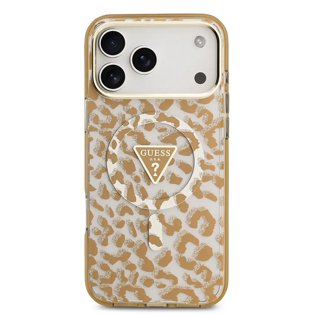 iPhone 17 Pro Max MagSafe Uyumlu Simli Leopar Desenli Kılıf - Guess