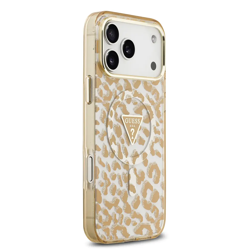 iPhone 17 Pro Max MagSafe Uyumlu Simli Leopar Desenli Kılıf - Guess