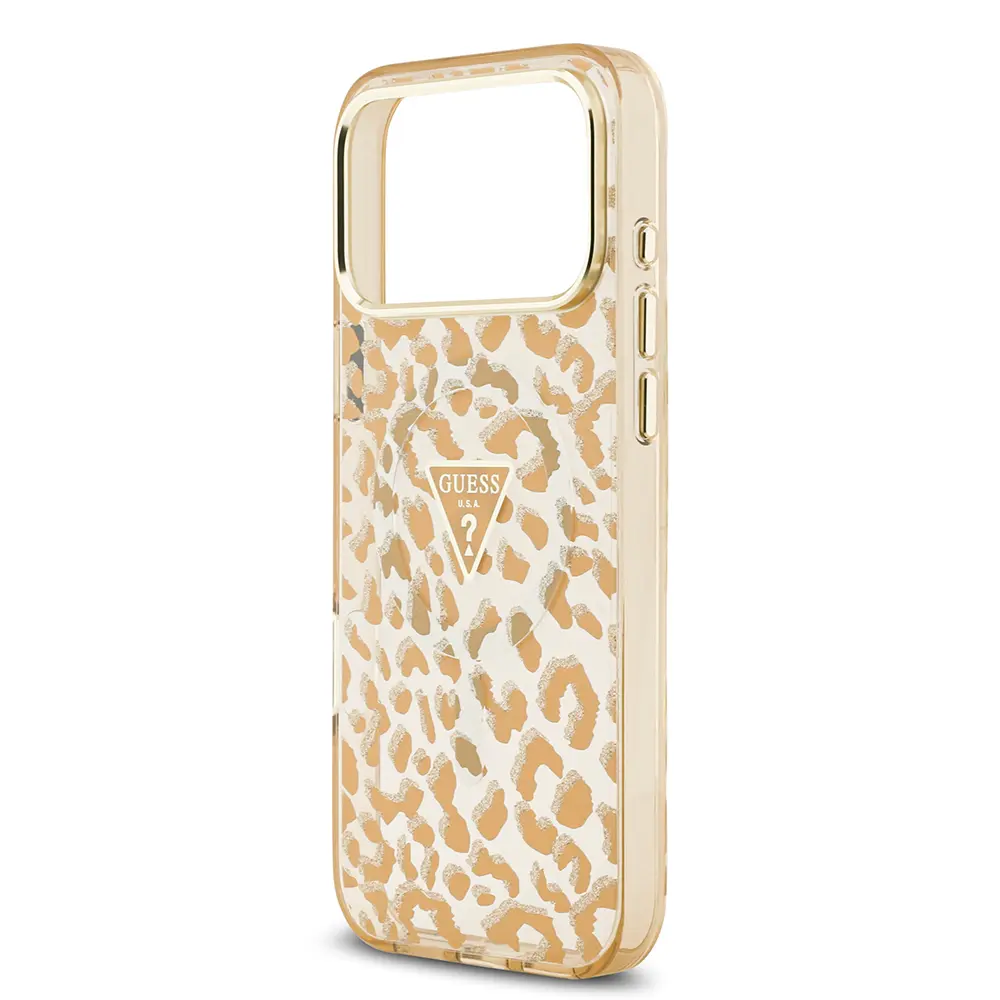 iPhone 17 Pro Max MagSafe Uyumlu Simli Leopar Desenli Kılıf - Guess