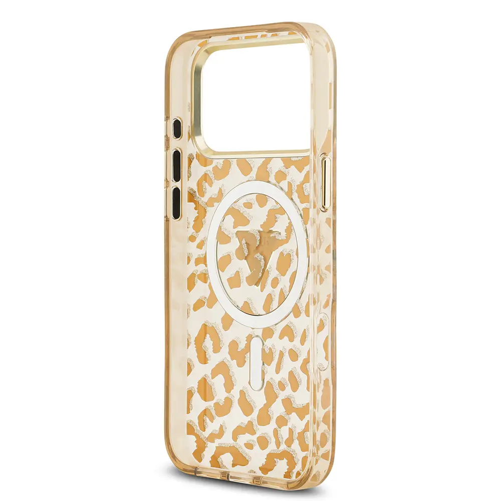 iPhone 17 Pro Max MagSafe Uyumlu Simli Leopar Desenli Kılıf - Guess