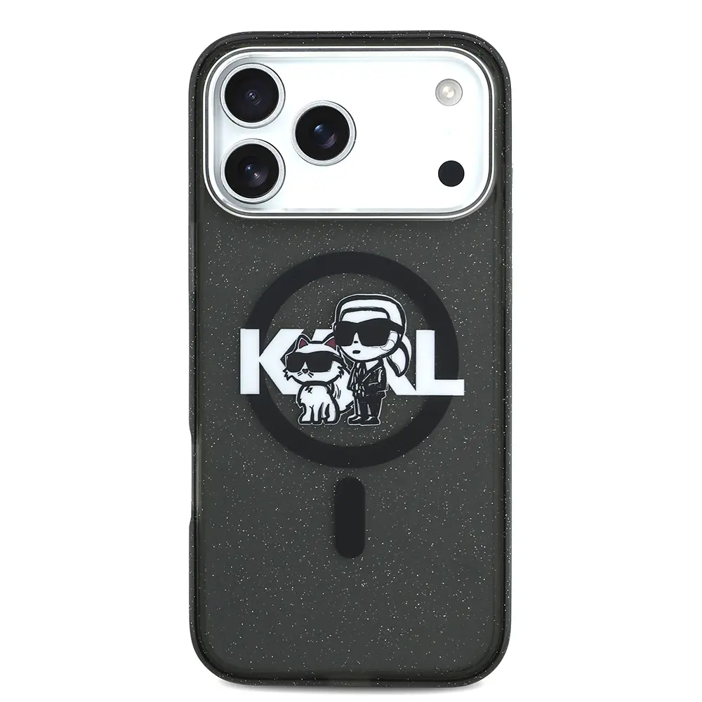 Apple iPhone 17 Pro Max Kılıf Karl Lagerfeld Orjinal Lisanslı Parlayan Simli Karl & Choupette Sketch Logo Kapak