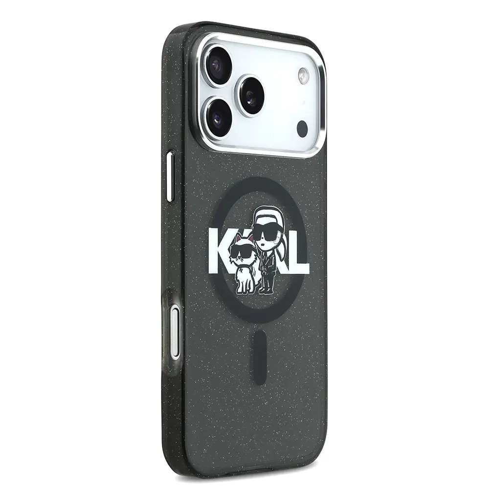 Apple iPhone 17 Pro Max Kılıf Karl Lagerfeld Orjinal Lisanslı Parlayan Simli Karl & Choupette Sketch Logo Kapak