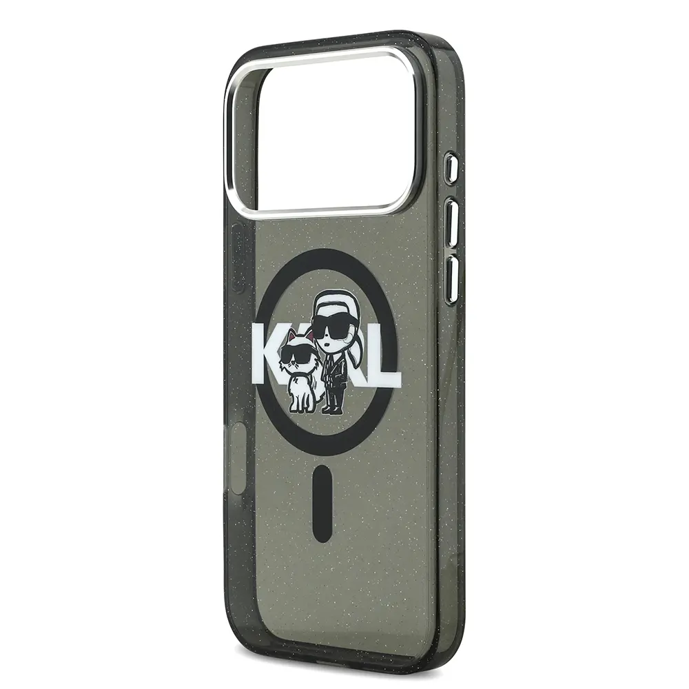 Apple iPhone 17 Pro Max Kılıf Karl Lagerfeld Orjinal Lisanslı Parlayan Simli Karl & Choupette Sketch Logo Kapak