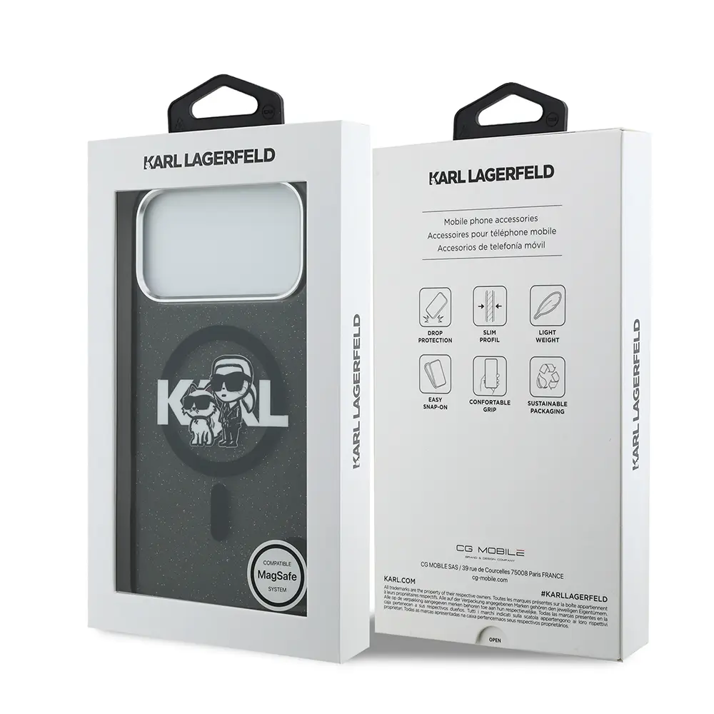 Apple iPhone 17 Pro Max Kılıf Karl Lagerfeld Orjinal Lisanslı Parlayan Simli Karl & Choupette Sketch Logo Kapak