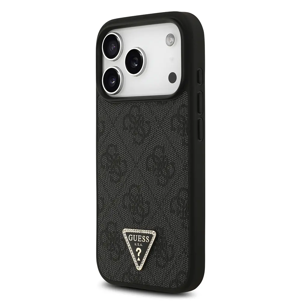iPhone 18 Pro MagSafe Uyumlu PU Deri Kılıf - Guess Taşlı Üçgen Logo