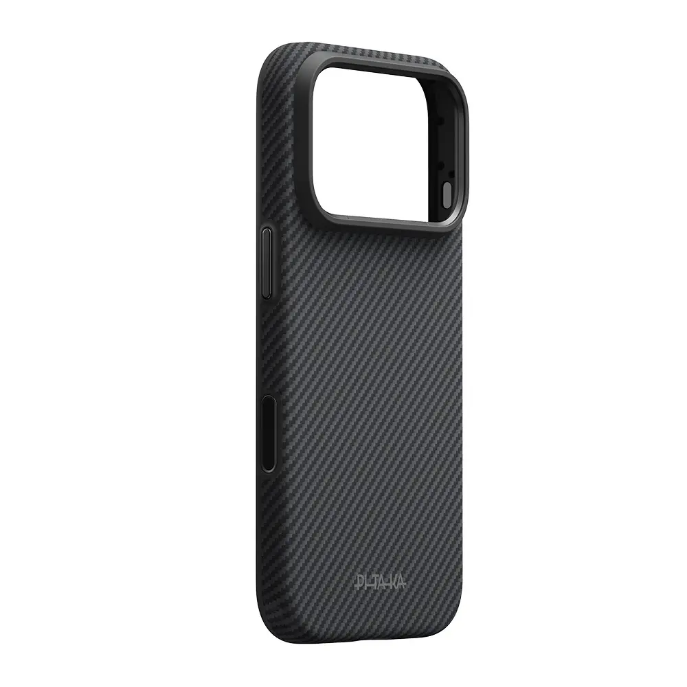 Apple iPhone 18 Pro Kılıf M-safe Şarj Özellikli Aramid Karbon Fiber Pitaka Military-Grade Classic Serisi New Logo Black-Grey Twill Kapak