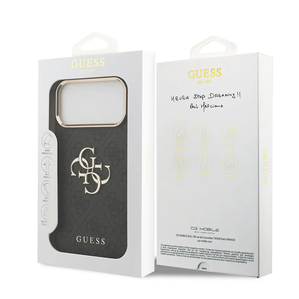 iPhone 18 Pro Max Kılıf, Gold Metal Kamera Çerçeveli 4G Desenli - Guess