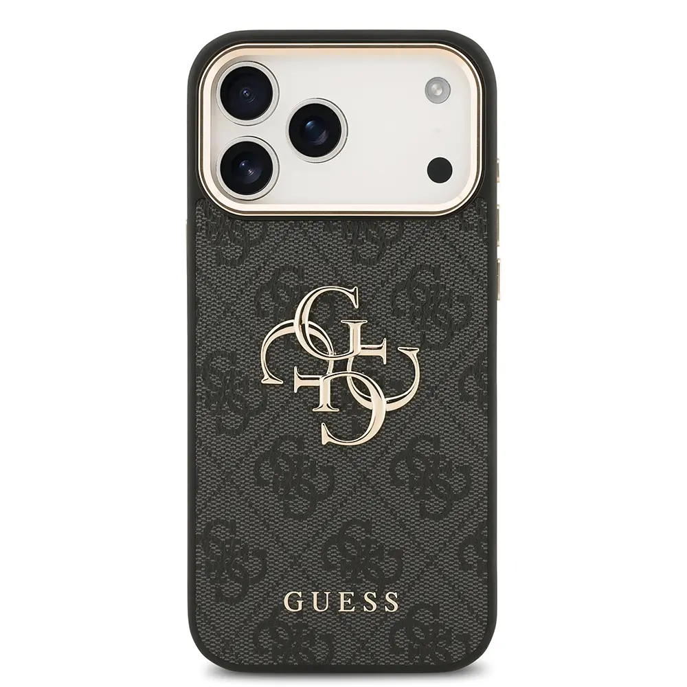 iPhone 18 Pro Max Kılıf, Gold Metal Kamera Çerçeveli 4G Desenli - Guess