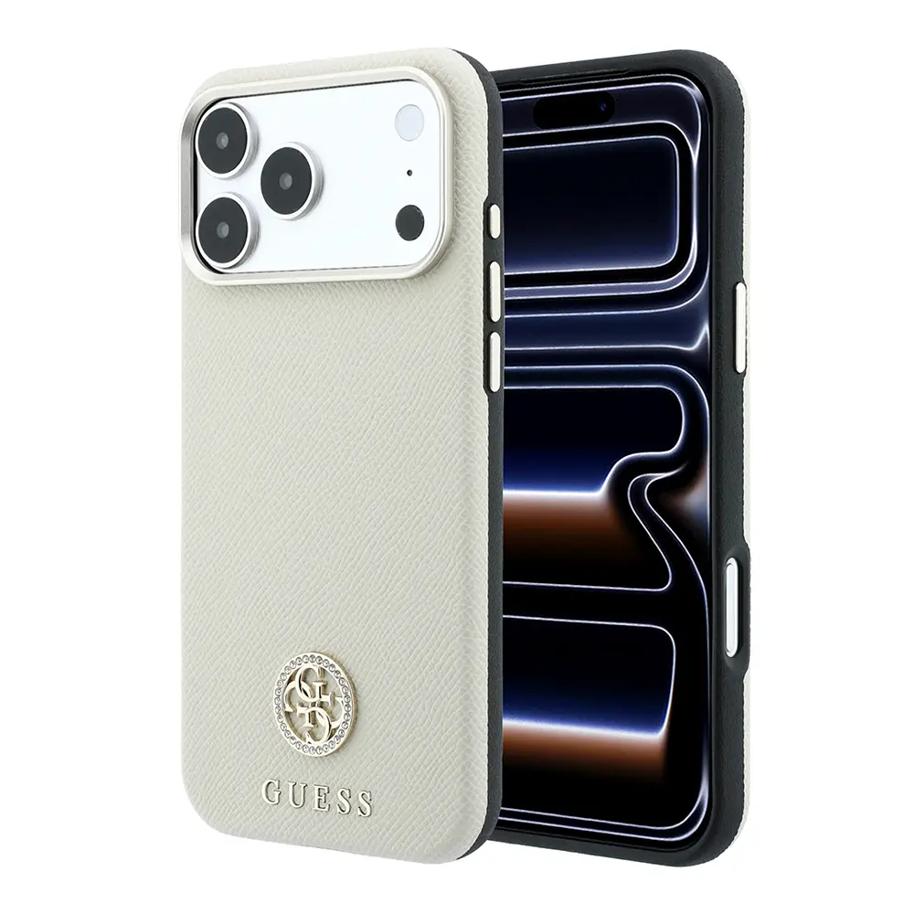 Apple iPhone 18 Pro Max Kılıf Guess Orjinal Lisanslı M-safe Şarj Özellikli PU Taşlı Metal 4G ve Yazı Logolu Kapak