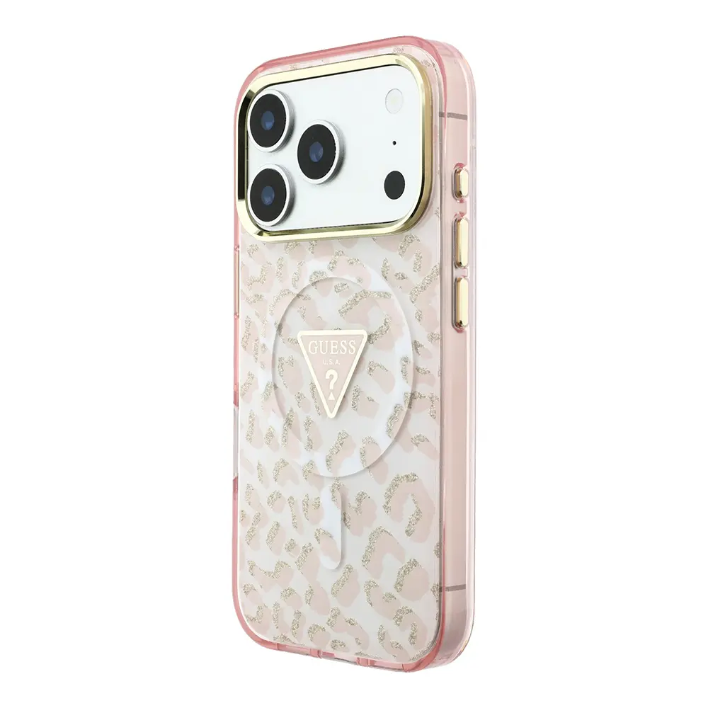 iPhone 18 Pro Max MagSafe Uyumlu Simli Leopar Desenli Kılıf - Guess