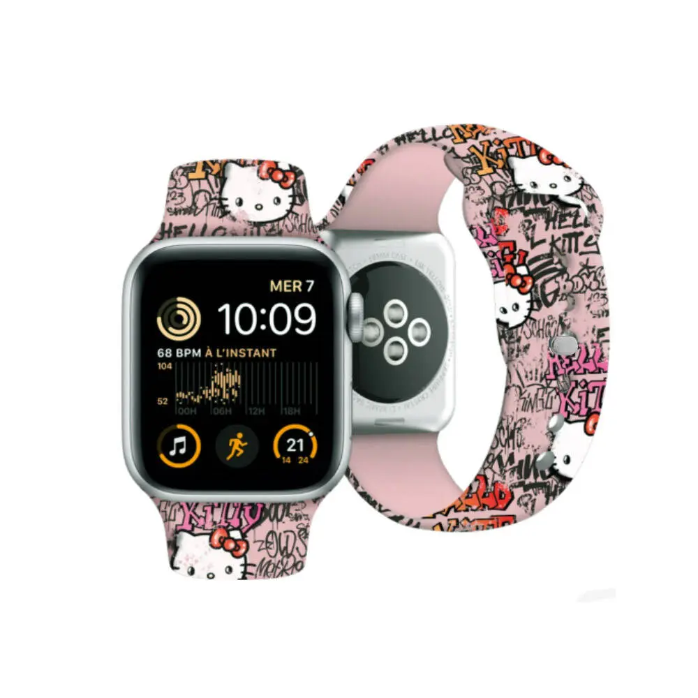 Apple Watch 7 41mm Hello Kitty Orjinal Lisanslı Etiket Graffiti Silikon Kordon