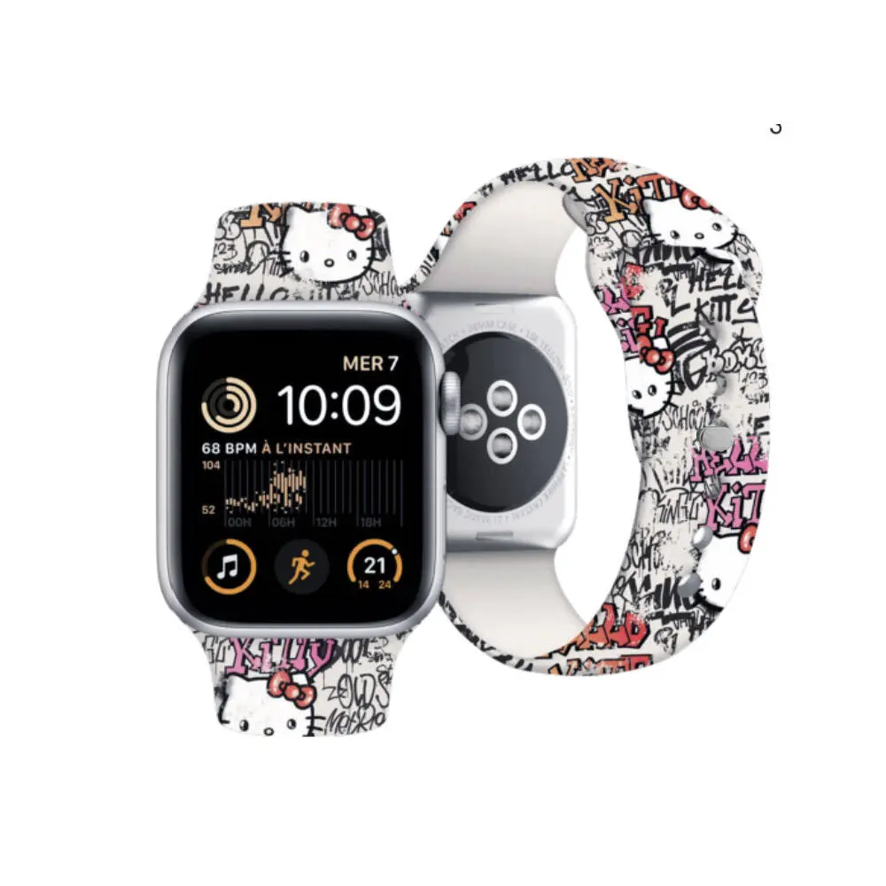Apple Watch 7 41mm Hello Kitty Orjinal Lisanslı Etiket Graffiti Silikon Kordon